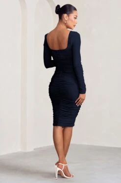 New Life | Navy Maternity Square Neck Ruched Midi Dress -ENY Clothing Shop WB BR CL127156 NewLifeNavyMaternitySquareNeckRuchedMidiDress0