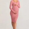 New Life | Pink Maternity Square Neck Ruched Midi Dress
