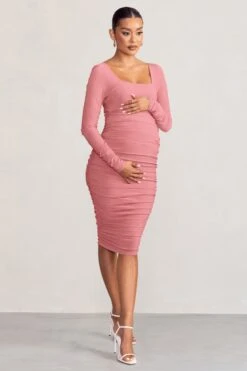 New Life | Pink Maternity Square Neck Ruched Midi Dress