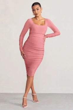 New Life | Pink Maternity Square Neck Ruched Midi Dress -ENY Clothing Shop WB BR CL127156 NewLifePinkMaternitySquareNeckRuchedMidiDress3