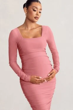 New Life | Pink Maternity Square Neck Ruched Midi Dress -ENY Clothing Shop WB BR CL127156 NewLifePinkMaternitySquareNeckRuchedMidiDress4