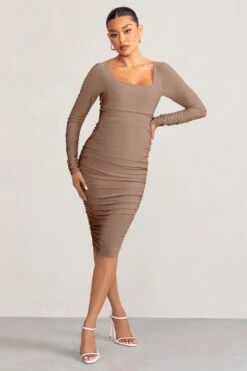 New Life | Mocha Maternity Square Neck Ruched Midi Dress -ENY Clothing Shop WB BR CL127156038 NewLife MochaMaternitySquareNeckRuchedMidiDress2