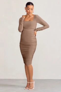New Life | Mocha Maternity Square Neck Ruched Midi Dress -ENY Clothing Shop WB BR CL127156038 NewLife MochaMaternitySquareNeckRuchedMidiDress3