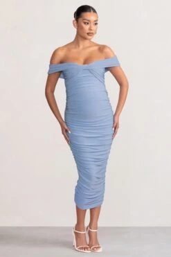 Perfection | Powder Blue Maternity Bardot Knot Ruched Midi Dress -ENY Clothing Shop WB BR CL127157 PerfectionPowderBlueMaternityBardotKnotRuchedMidaxiDress0