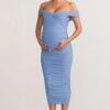 Perfection | Powder Blue Maternity Bardot Knot Ruched Midi Dress