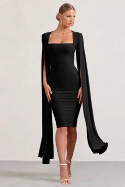 Flawless | Black Square Neck Midi Dress With Cape Sleeves -ENY Clothing Shop WB BR CL127209002 FlawlessBlackSquareNeckMidiDressWithCapeSleeves1