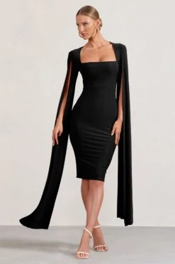 Flawless | Black Square Neck Midi Dress With Cape Sleeves -ENY Clothing Shop WB BR CL127209002 FlawlessBlackSquareNeckMidiDressWithCapeSleeves2