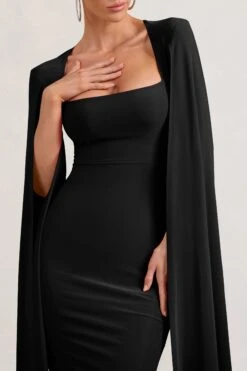 Flawless | Black Square Neck Midi Dress With Cape Sleeves -ENY Clothing Shop WB BR CL127209002 FlawlessBlackSquareNeckMidiDressWithCapeSleeves3