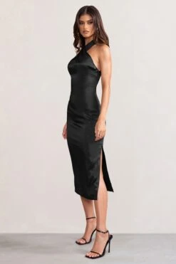 Dazzling | Black Satin Cross Over Halter Neck Midi Dress -ENY Clothing Shop WB BR CL127233 DazzlingBlackSatinCrossOverHalterNeckMidiDress2