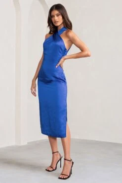 Dazzling | Cobalt Blue Satin Cross Over Halter Neck Midi Dress -ENY Clothing Shop WB BR CL127233 DazzlingCobaltBlueSatinCrossOverHalterNeckMidiDress2