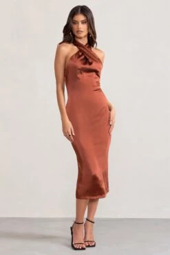 Dazzling | Rust Satin Cross Over Halter Neck Midi Dress -ENY Clothing Shop WB BR CL127233 DazzlingRustSatinCrossOverHalterNeckMidiDress0