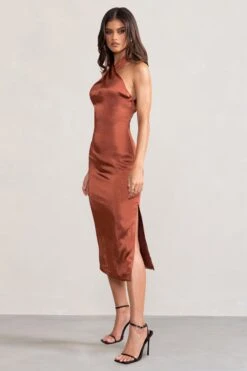 Dazzling | Rust Satin Cross Over Halter Neck Midi Dress -ENY Clothing Shop WB BR CL127233 DazzlingRustSatinCrossOverHalterNeckMidiDress2