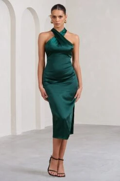 Dazzling | Bottle Green Satin Cross Over Halter Neck Midi Dress -ENY Clothing Shop WB BR CL127233047 DazzlingBottleGreenCrossOverHalterNeckMidiDress2