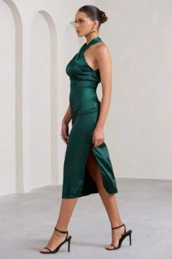 Dazzling | Bottle Green Satin Cross Over Halter Neck Midi Dress -ENY Clothing Shop WB BR CL127233047 DazzlingBottleGreenCrossOverHalterNeckMidiDress4