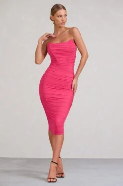 Negroni | Hot Pink Bandeau Corset Ruched Mesh Midi Dress -ENY Clothing Shop WB BR CL127289073 NegroniHotPinkBandeauCorsetRuchedMeshMidiDress1