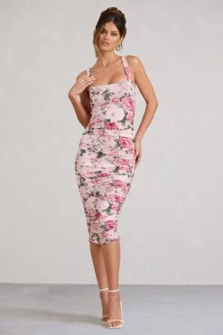 Lisbon | Pink Floral Print Square Neck Ruched Midi Dress