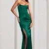 Sensual Notes | Bottle Green Satin Strapless Corset Thigh Split Fishtail Maxi Dress -ENY Clothing Shop WB BR CL127453 SensualNotesBottleGreenSatinStraplessCorsetThighSplitFishtailMaxiDress1copy