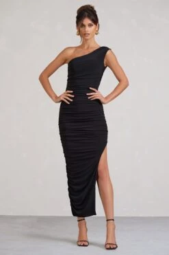 Celine | Black Asymmetric One Shoulder Ruched Maxi Dress With Curved Cut Out -ENY Clothing Shop WB BR CL127507002 CelineBlackAsymmetricOneShoulderRuchedMaxiDressWithCurvedCutOut0