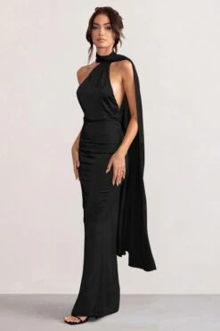 Mademoiselle | Black Satin Asymmetric Scarf Neck Backless Maxi Dress -ENY Clothing Shop WB BR CL127576 MademoiselleBlackSatinAsymmetricScarfNeckBacklessMaxiDress2