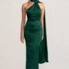 Mademoiselle | Bottle Green Satin Asymmetric Scarf Neck Backless Maxi Dress