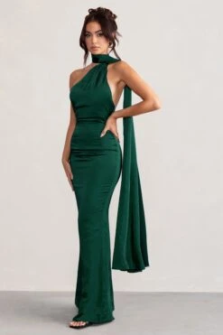 Mademoiselle | Bottle Green Satin Asymmetric Scarf Neck Backless Maxi Dress -ENY Clothing Shop WB BR CL127576 MademoiselleBottleGreenSatinAsymmetricScarfNeckBacklessMaxiDress2