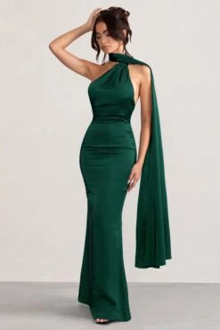 Mademoiselle | Bottle Green Satin Asymmetric Scarf Neck Backless Maxi Dress -ENY Clothing Shop WB BR CL127576 MademoiselleBottleGreenSatinAsymmetricScarfNeckBacklessMaxiDress3