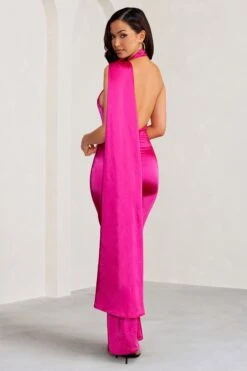 Mademoiselle | Hot Pink Asymmetric Scarf Neck Backless Maxi Dress -ENY Clothing Shop WB BR CL127576 MademoiselleHotPinkAsymmetricScarfNeckMaxiDress4