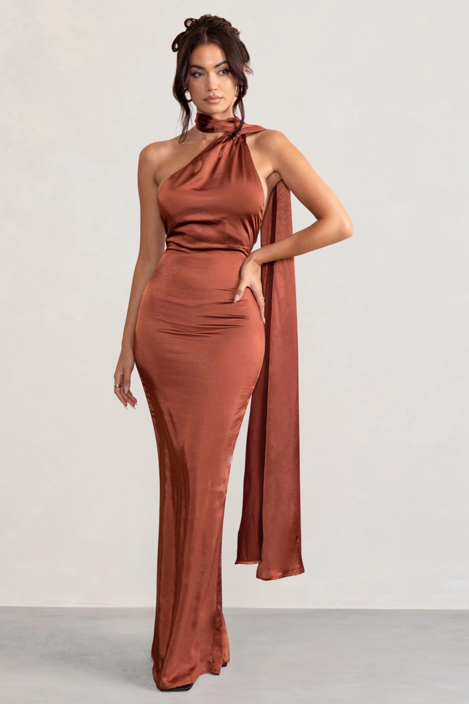 Mademoiselle | Rust Satin Asymmetric Scarf Neck Backless Maxi Dress 3 Mademoiselle | Rust Satin Asymmetric Scarf Neck Backless Maxi Dress