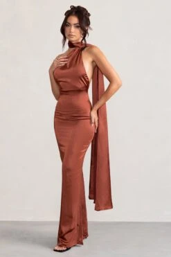 Mademoiselle | Rust Satin Asymmetric Scarf Neck Backless Maxi Dress 9 Mademoiselle | Rust Satin Asymmetric Scarf Neck Backless Maxi Dress -ENY Clothing Shop WB BR CL127576 Mademoiselle RustSatinAsymmetricScarfNeckBacklessMaxiDress2