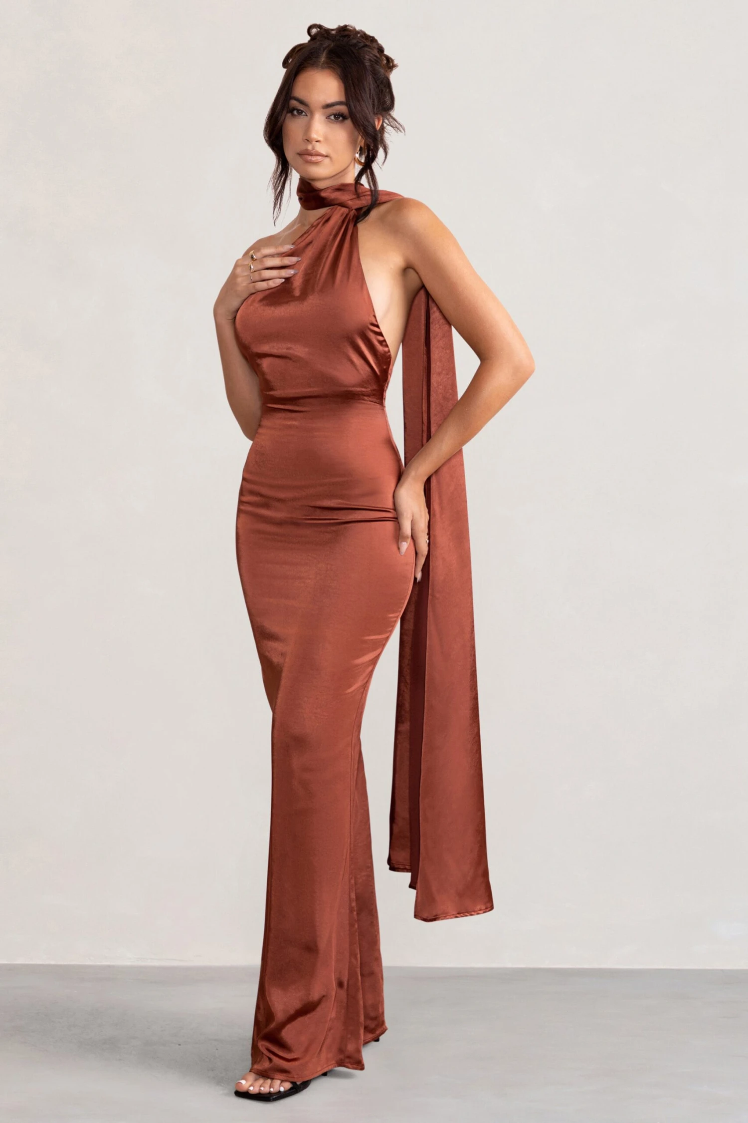 Mademoiselle | Rust Satin Asymmetric Scarf Neck Backless Maxi Dress 6 Mademoiselle | Rust Satin Asymmetric Scarf Neck Backless Maxi Dress - Image 4