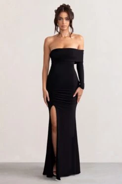 Meghan | Black Bardot Neck Thigh Split Fishtail Maxi Dress -ENY Clothing Shop WB BR CL127640 MeghanBlackBardotNeckThighSplitFishtailMaxiDress1
