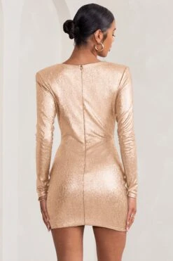 Zara | Gold Extreme Plunge Wrap Skirt Long Sleeve Mini Dress With Shoulder Pads -ENY Clothing Shop WB BR CL127670 ZaraGoldExtremePlungeWrapSkirtLongSleeveMiniDressWithShoulderPads3