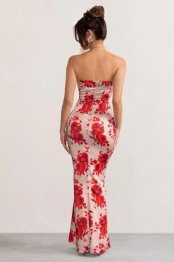 Esme | Champagne Floral Print Satin Fishtail Maxi Dress -ENY Clothing Shop WB BR CL127765 EsmeChampagneFloralPrintSatinShapedFrontCutOutFishtailMaxiDress5