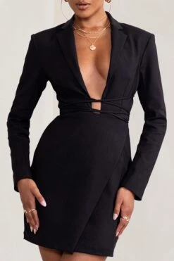 Alexandra | Black Plunge Neck Strap Detail Blazer Mini Dress -ENY Clothing Shop WB BR CL127768 AlexandraBlackPlungeNeckCrossStrapDetailTailoredMiniDress1