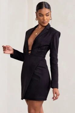 Alexandra | Black Plunge Neck Strap Detail Blazer Mini Dress -ENY Clothing Shop WB BR CL127768 AlexandraBlackPlungeNeckCrossStrapDetailTailoredMiniDress2