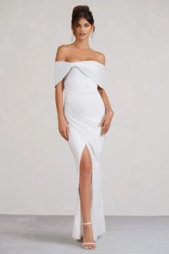 Eva | White Glitter Bardot Wrap Maxi Dress -ENY Clothing Shop WB BR CL127770013 EvaWhiteGlitterBardotWrapMaxiDress1