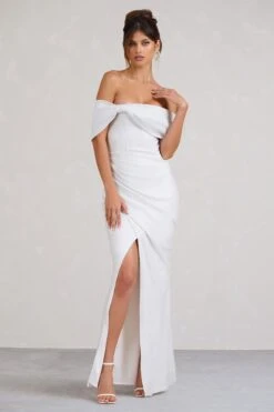 Eva | White Glitter Bardot Wrap Maxi Dress -ENY Clothing Shop WB BR CL127770013 EvaWhiteGlitterBardotWrapMaxiDress2