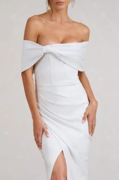 Eva | White Glitter Bardot Wrap Maxi Dress -ENY Clothing Shop WB BR CL127770013 EvaWhiteGlitterBardotWrapMaxiDress4