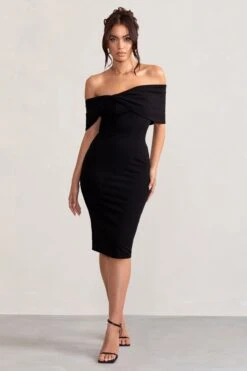 Alyssa | Black Bardot Bow Detail Midi Dress -ENY Clothing Shop WB BR CL127772 AlyssaBlackBardotBowDetailMidiDress2