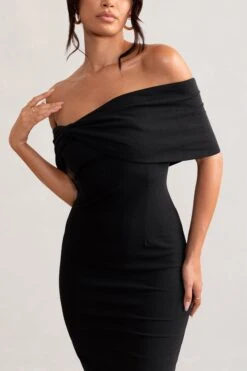 Alyssa | Black Bardot Bow Detail Midi Dress -ENY Clothing Shop WB BR CL127772 AlyssaBlackBardotBowDetailMidiDress3
