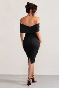 Alyssa | Black Bardot Bow Detail Midi Dress -ENY Clothing Shop WB BR CL127772 AlyssaBlackBardotBowDetailMidiDress4