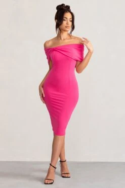 Alyssa | Hot Pink Bardot Bow Detail Midi Dress -ENY Clothing Shop WB BR CL127772 AlyssaHotPinkBardotBowDetailMidiDress1