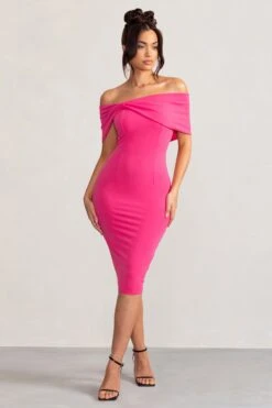 Alyssa | Hot Pink Bardot Bow Detail Midi Dress -ENY Clothing Shop WB BR CL127772 AlyssaHotPinkBardotBowDetailMidiDress2