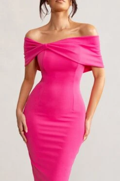 Alyssa | Hot Pink Bardot Bow Detail Midi Dress -ENY Clothing Shop WB BR CL127772 AlyssaHotPinkBardotBowDetailMidiDress4