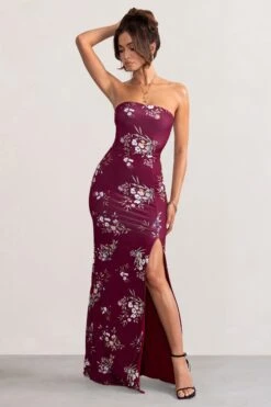Camila | Burgundy Floral Print Strapless Maxi Dress With Thigh Split -ENY Clothing Shop WB BR CL127848 CamilaBerryFloralPrintStraplessMaxiDressWithThighSplit1