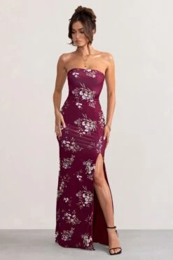 Camila | Burgundy Floral Print Strapless Maxi Dress With Thigh Split -ENY Clothing Shop WB BR CL127848 CamilaBerryFloralPrintStraplessMaxiDressWithThighSplit2
