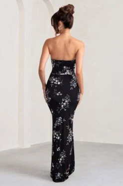 Camila | Black Floral Print Strapless Maxi Dress With Thigh Split -ENY Clothing Shop WB BR CL127848 CamilaBlackFloralPrintStraplessMaxiDressWithThighSplit0