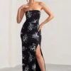 Camila | Black Floral Print Strapless Maxi Dress With Thigh Split -ENY Clothing Shop WB BR CL127848 CamilaBlackFloralPrintStraplessMaxiDressWithThighSplit2