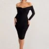 Lulu | Black Twist Front Bardot Midi Dress With Sleeves -ENY Clothing Shop WB BR CL127851 LuluBlackTwistFrontBardotMidiDressWithSleeves0