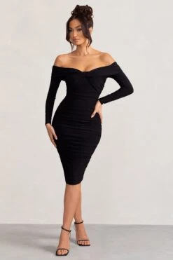Lulu | Black Twist Front Bardot Midi Dress With Sleeves -ENY Clothing Shop WB BR CL127851 LuluBlackTwistFrontBardotMidiDressWithSleeves1